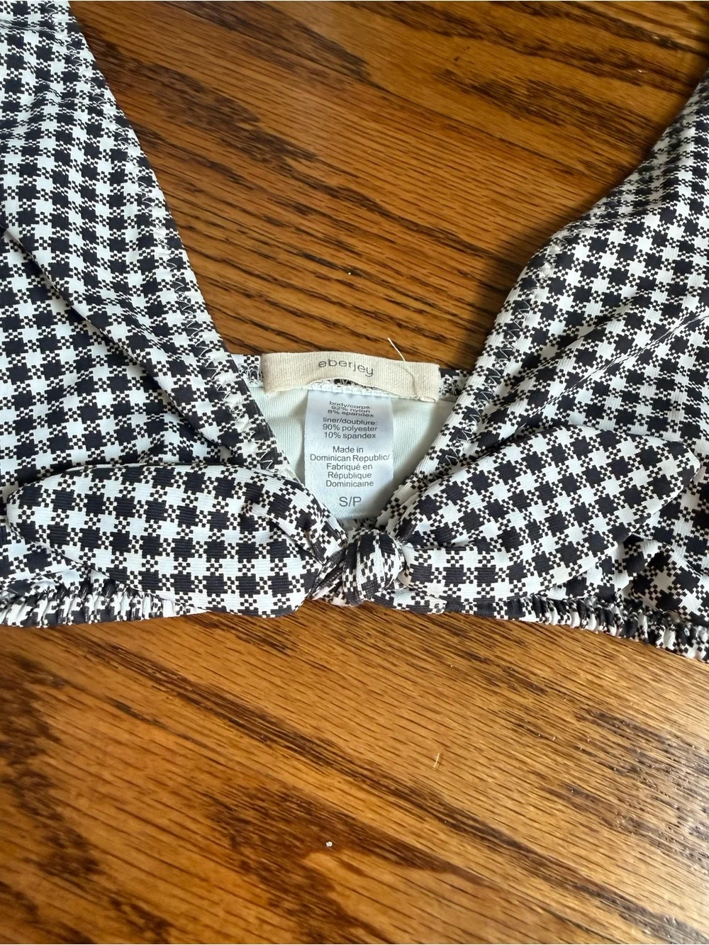 Eberjey Betty Cassidy Gingham V-Neck Bikini Swim Top Black White Minimalist S